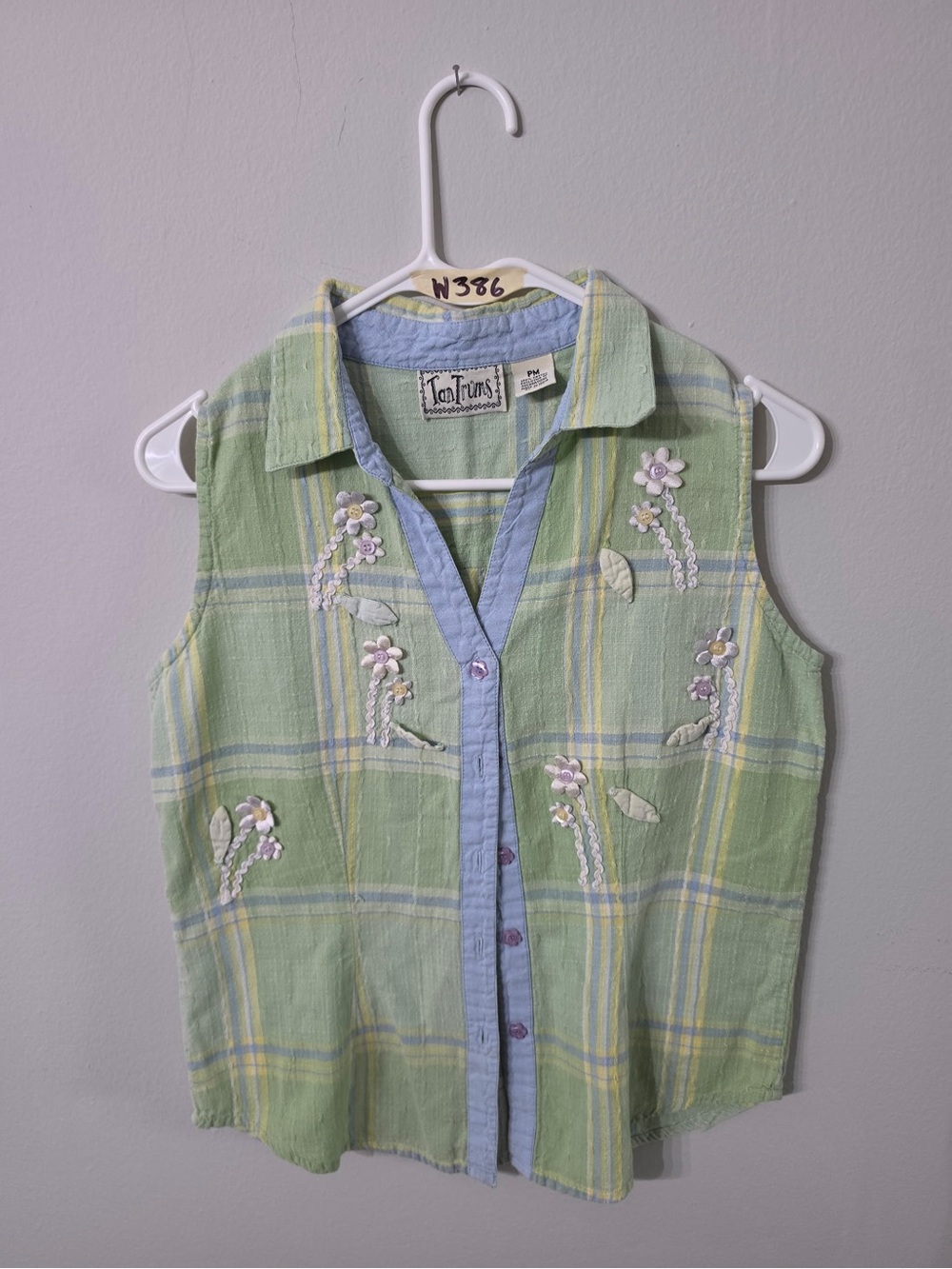 Tantrums Light Green Plaid Sleeveless Button-Front Top with Blue Trim Medium